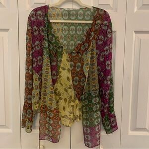 Zara Sheer Colorful Blouse with Front Ties and Long Sleeves Size M